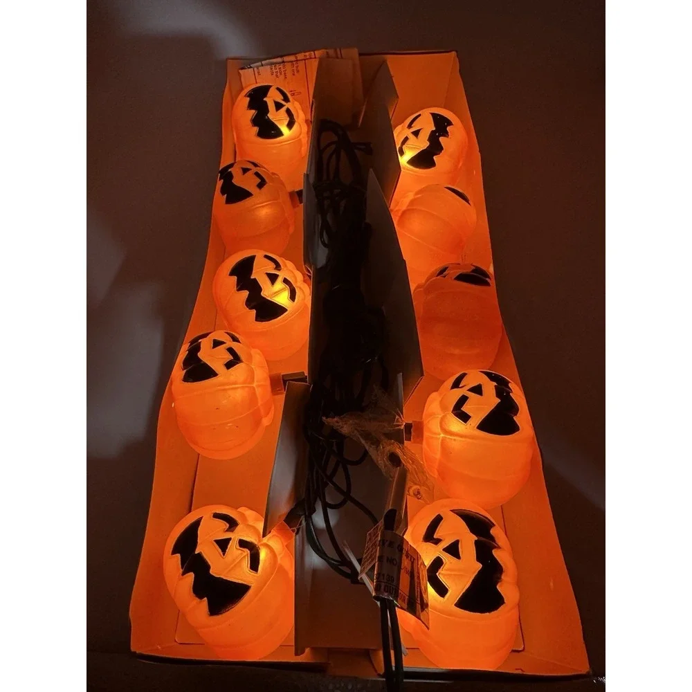 Vtg Halloween String Lights Set of 10 Jack O‎ Lantern Pumpkin Blow Mold WORKING